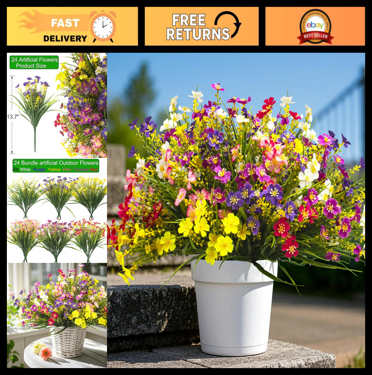 24 Bundles Artificial Faux Flowers – UV Resistant Colorful Daisy for Outdoor Dec