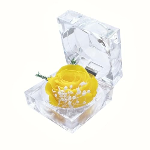 Preserved Rose Real Fresh Rose in Mini Clear Ring Box, Eternal Flower Yellow