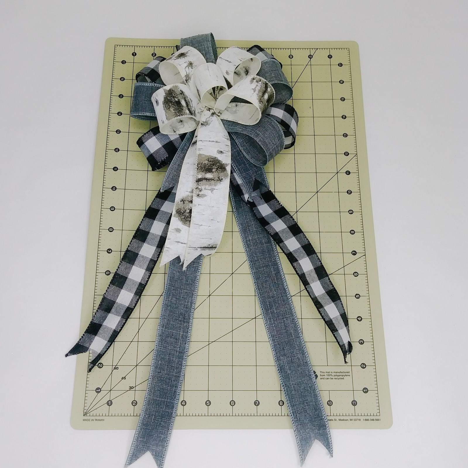 Wreath Bow, White Birch Print, Buffalo Check, Gray Linen