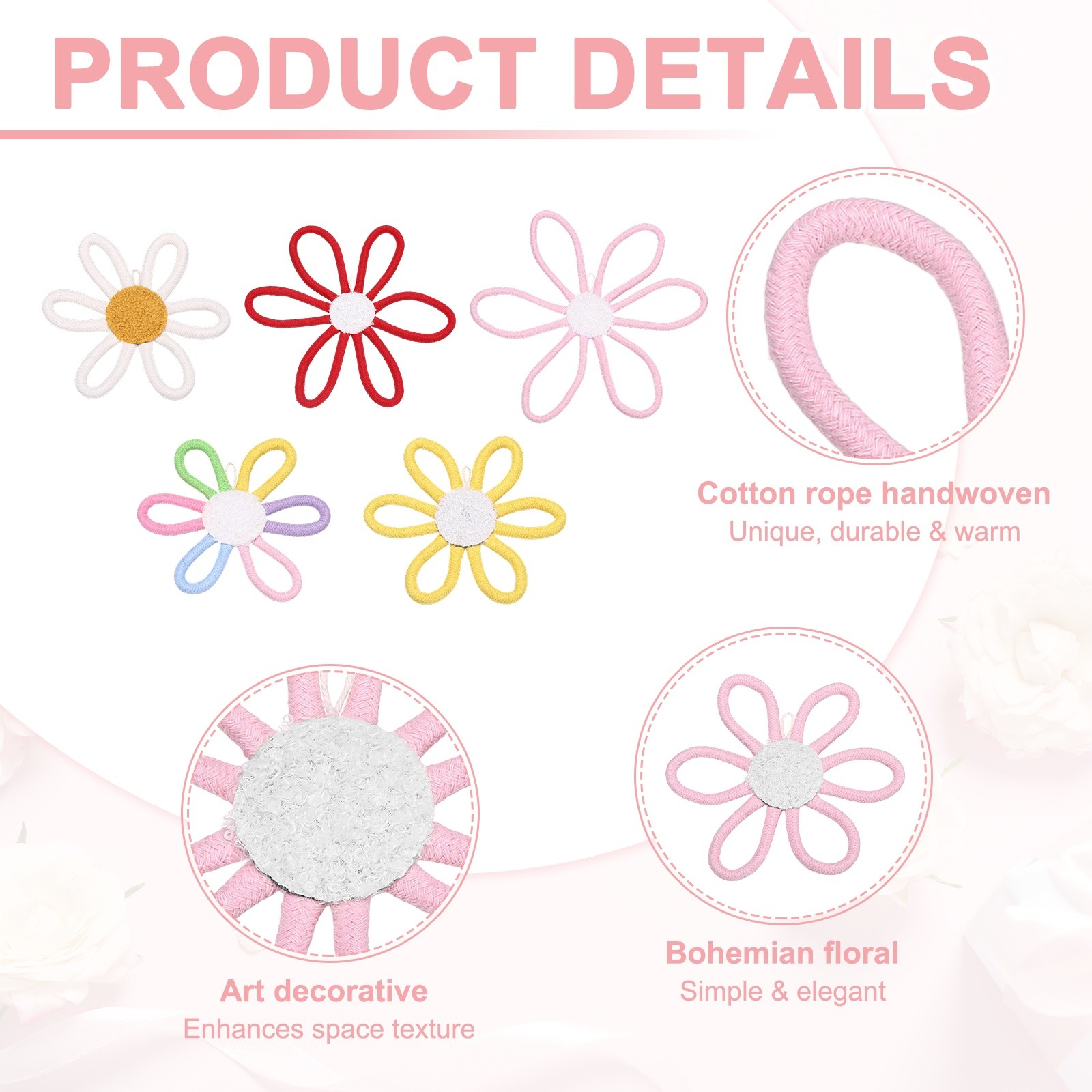 3Pcs Daisies Floral Wall Decor 6″ Flower Art Decor Woven Macrame Light Pink,