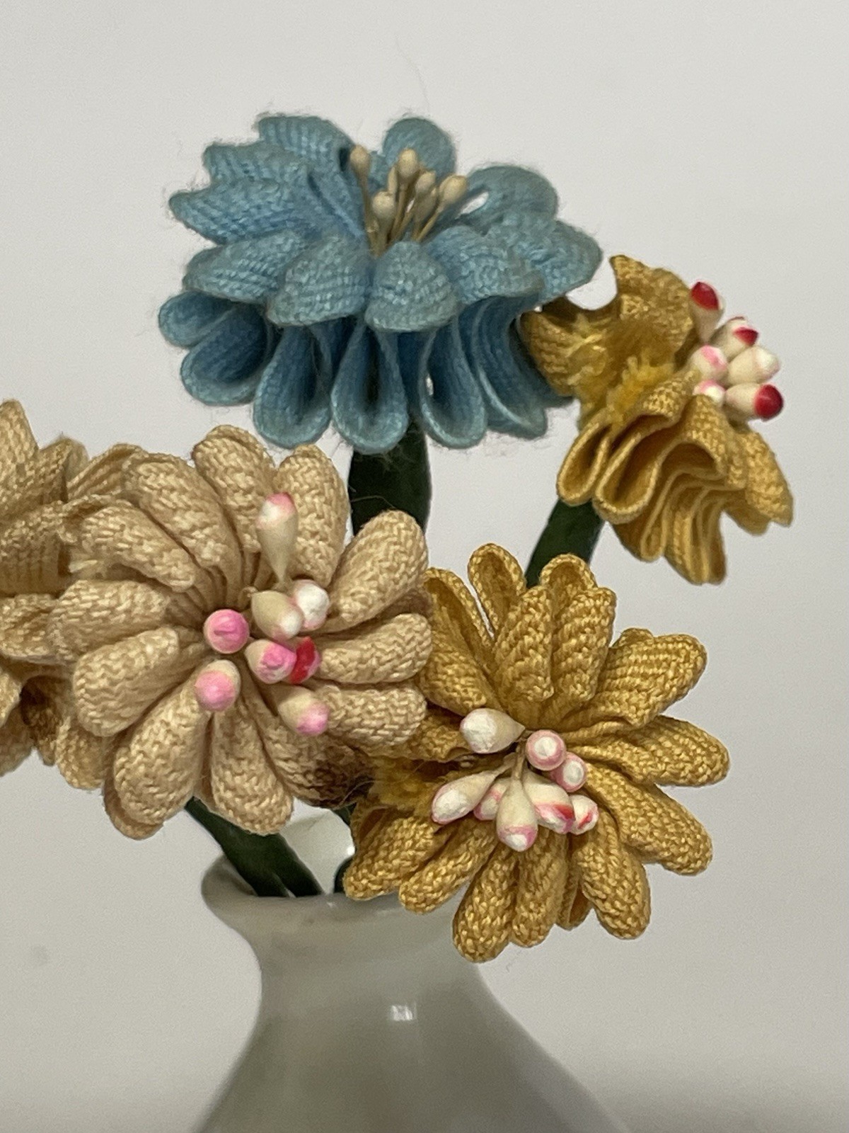 Cloth Flowers and White Ceramic Vase Miniature Decor Made in Japan 4”