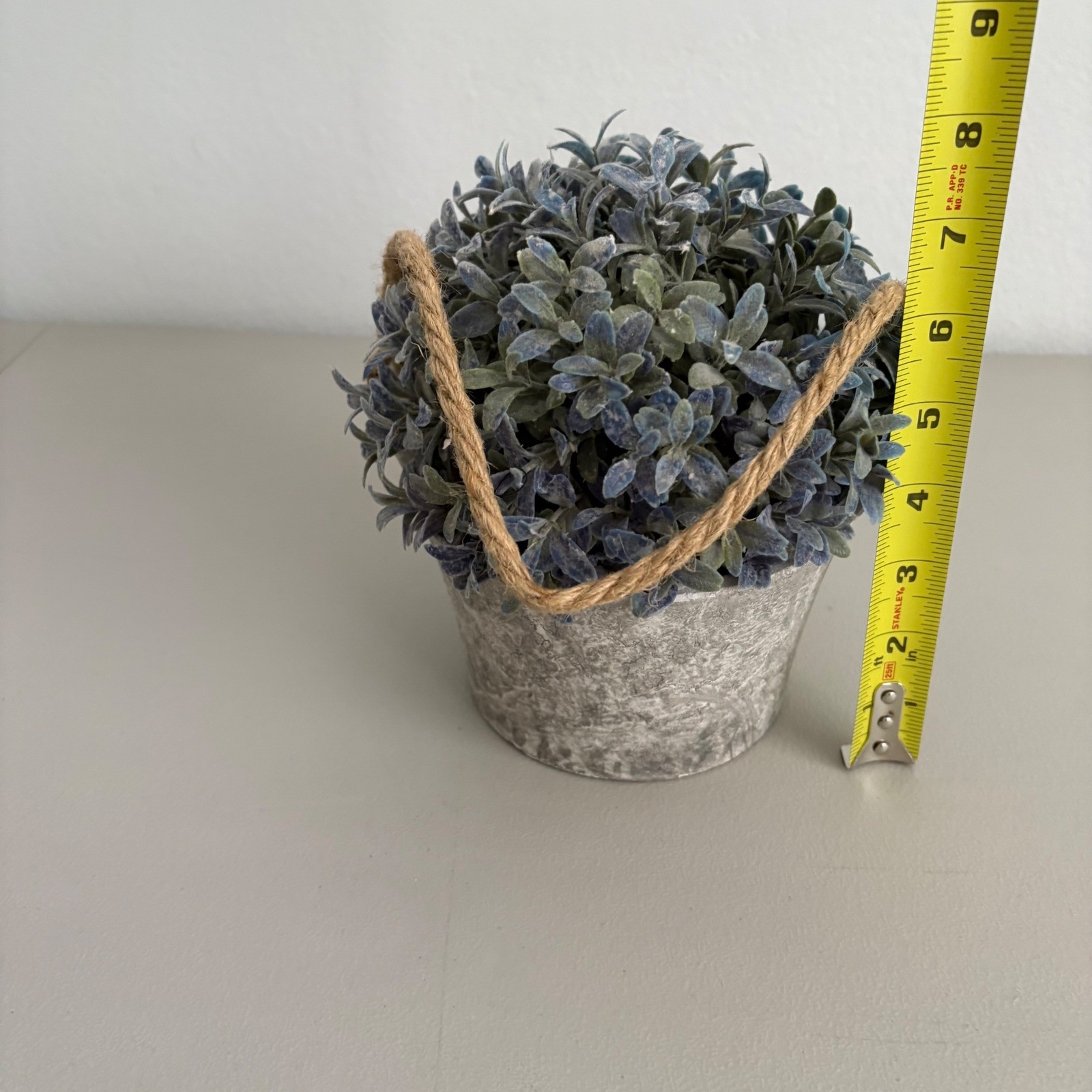 Faux Frosted Greenery Plant in Rustic Gray Pot with Jute Rope Handle Farmhouse