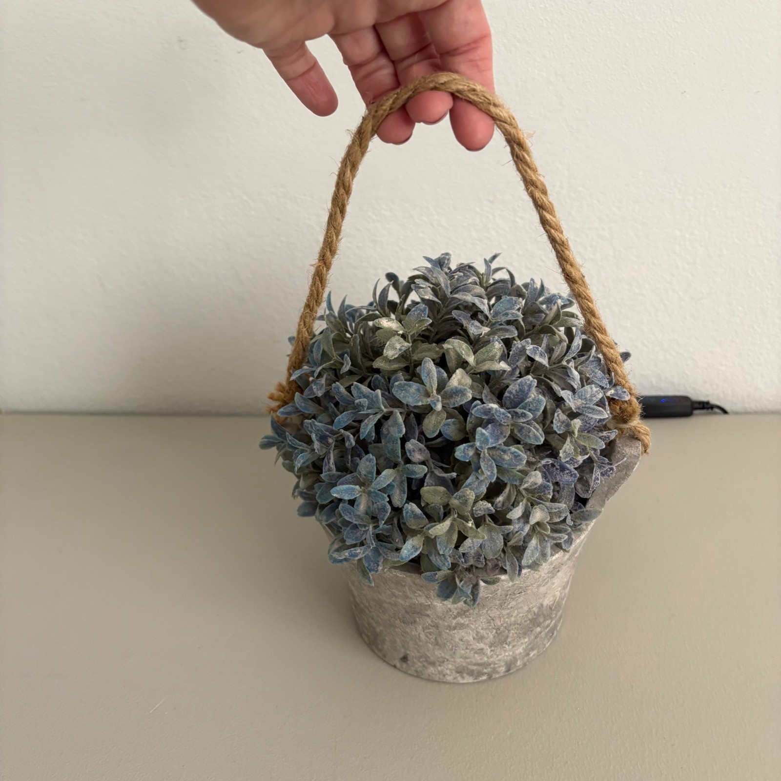 Faux Frosted Greenery Plant in Rustic Gray Pot with Jute Rope Handle Farmhouse