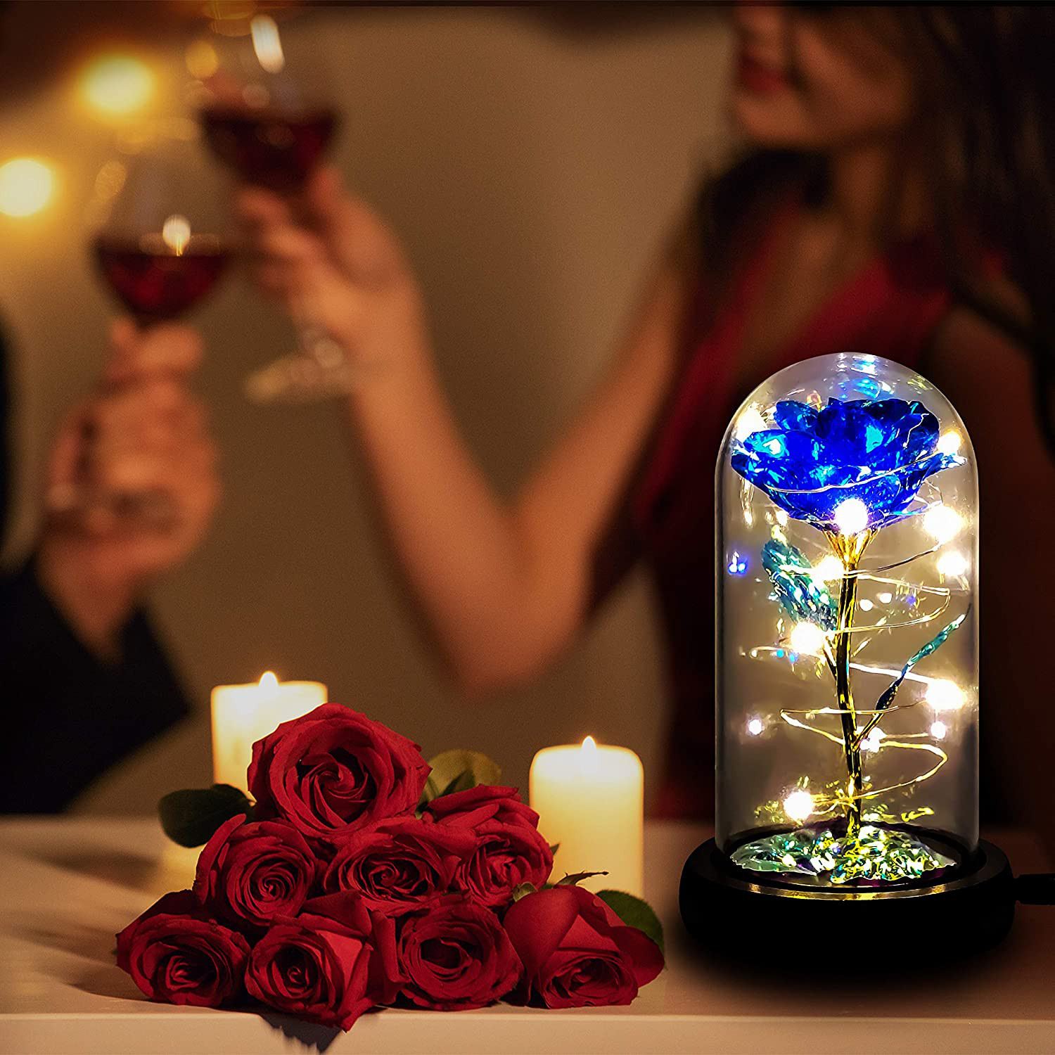 Blue Colorful Artificial Flower Rose Gift, Light up in Glass Dome, Women Gifts