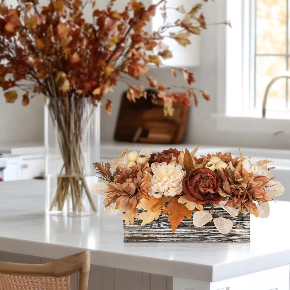 Fake Mums Artificial Flowers In Wood Planter Fall Maple Leaves Autumn Decor