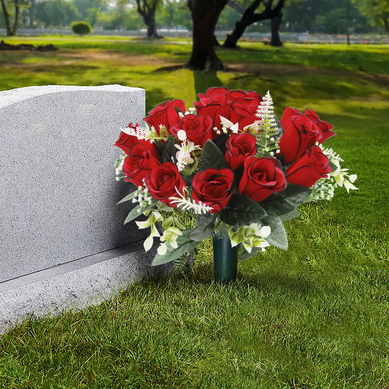 U’Artlines 2Pcs Artificial Cemetery Flowers for Grave Silk Memorial Red Rose …
