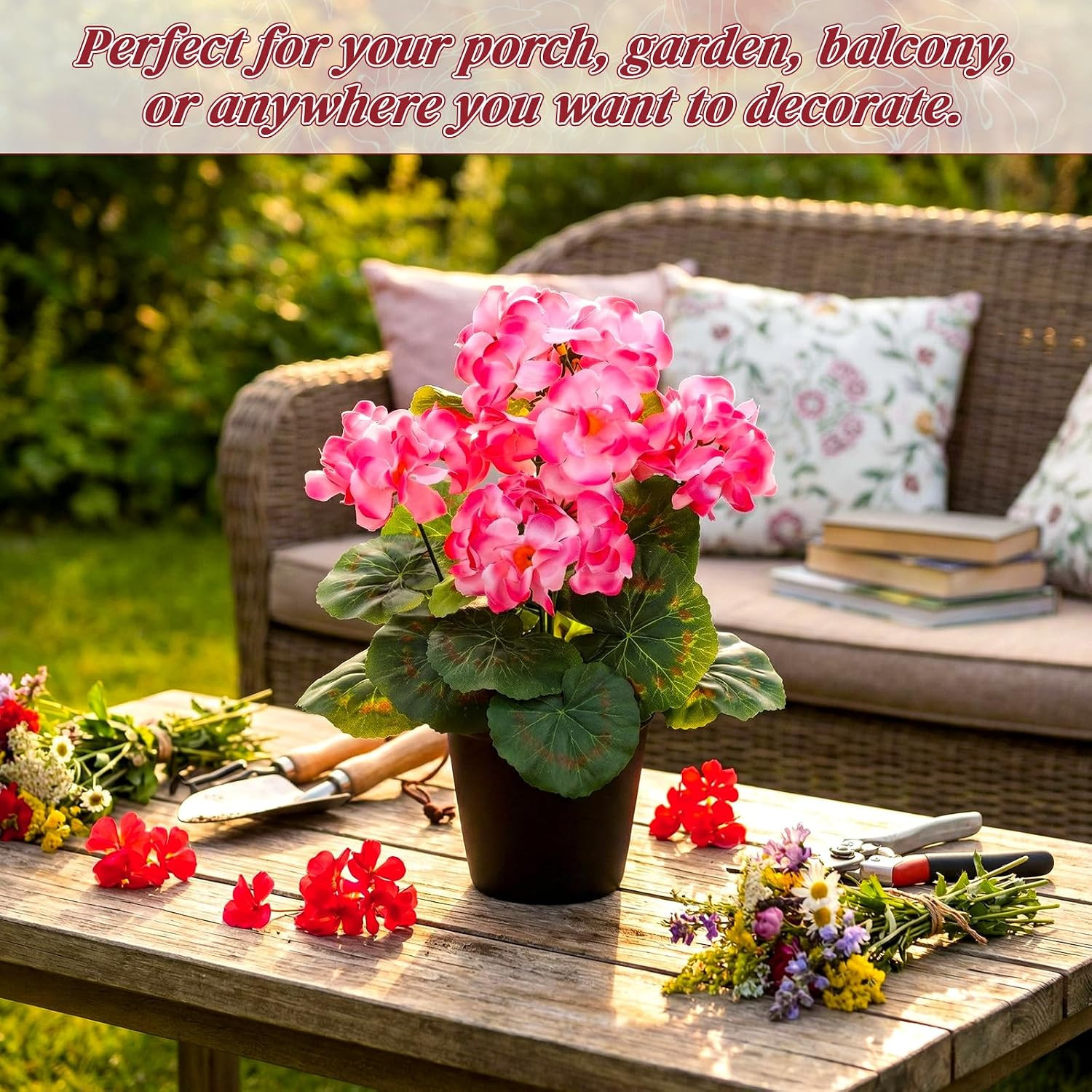 4 Pack UV Resistant Pink Artificial Geraniums for Home & Garden Decor