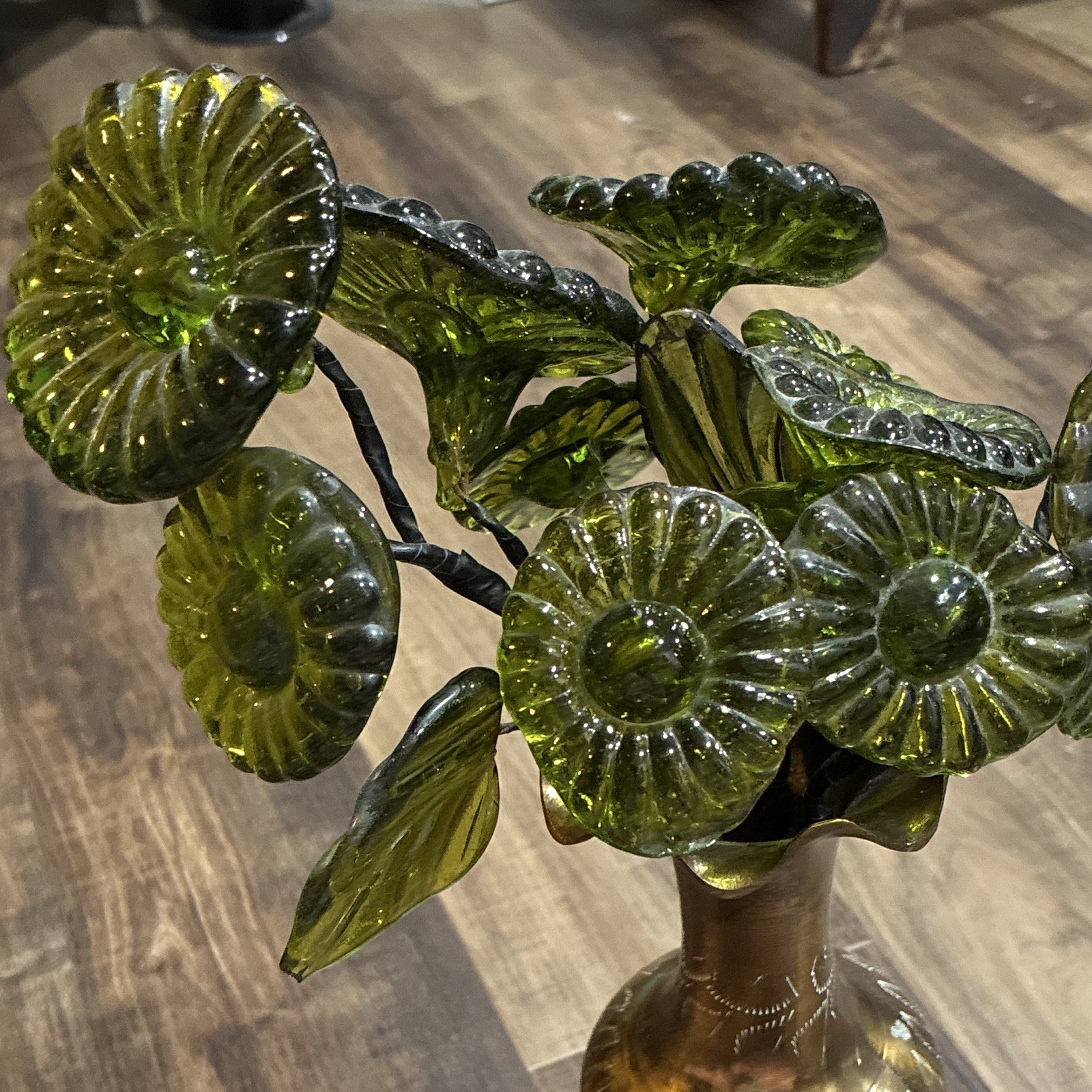 Vintage Mid-Century Murano Style Glass Flower Floral Stems – Avocado Green Rib 4