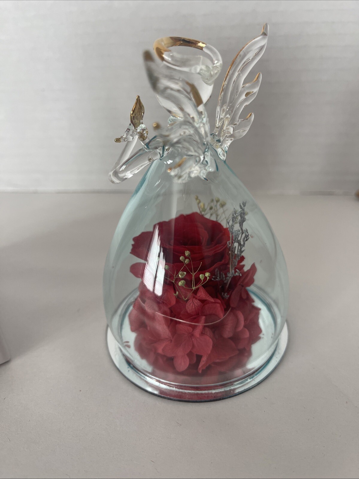 Angel Preserved Rose Real Red Flower Clear Glass Angel Anlunob Gifts 4.25”