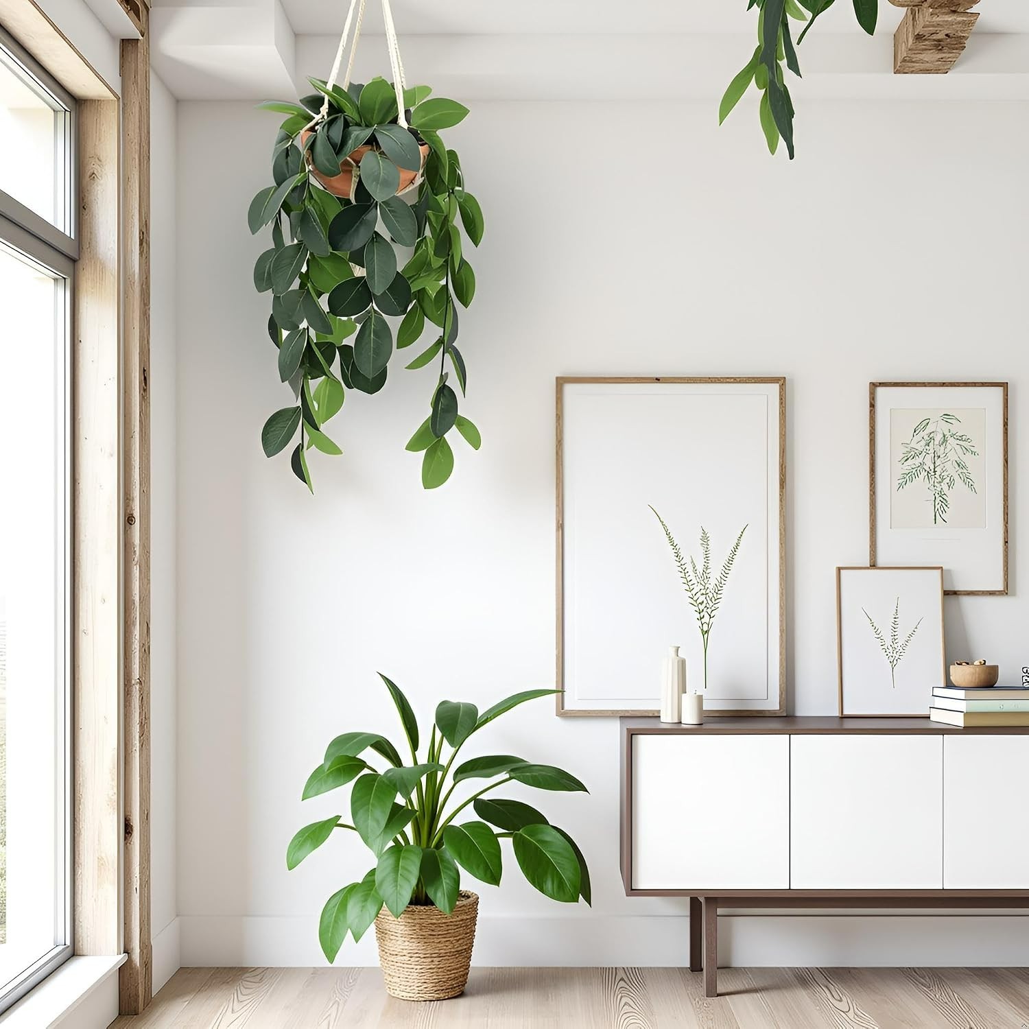 Washable 30” Hanging Plant with Flexible Stems in Elegant Clay Pot – Home Decor