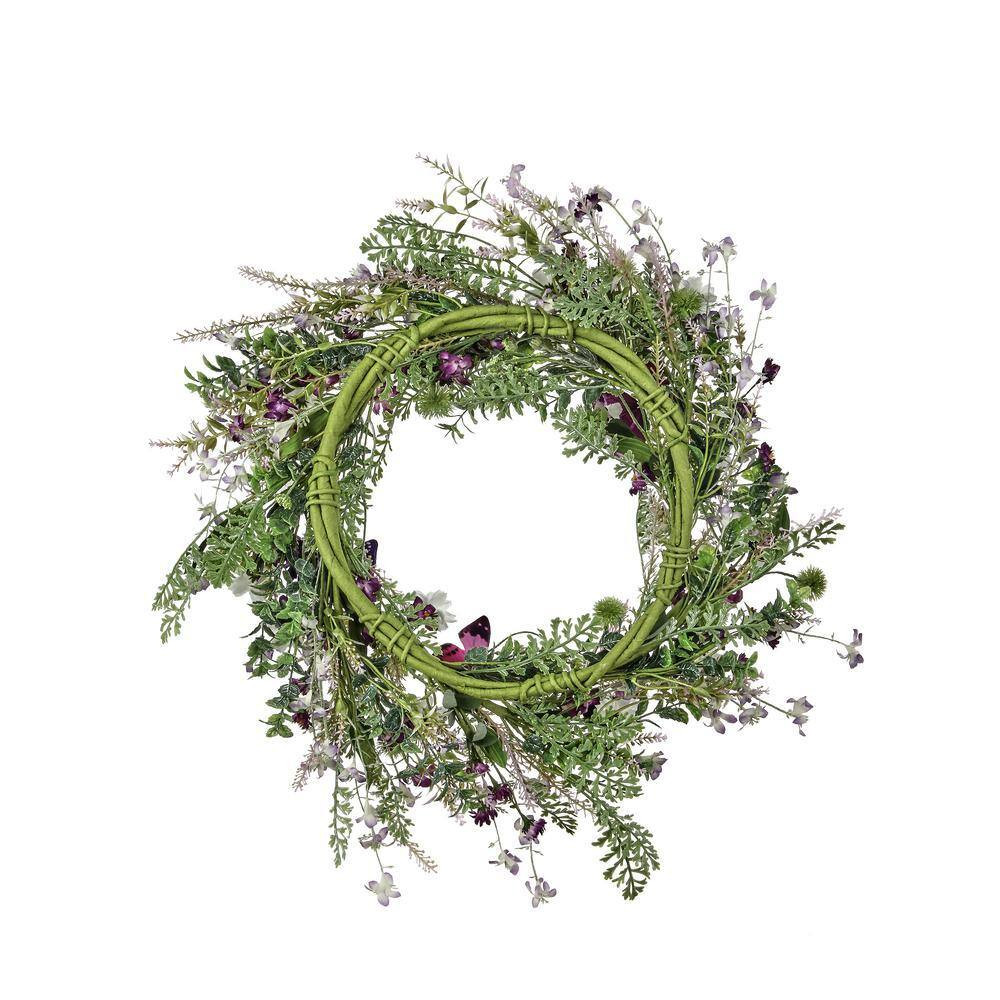 24 In. Purple, White Artificial Wildflower with Butterfly Wreath