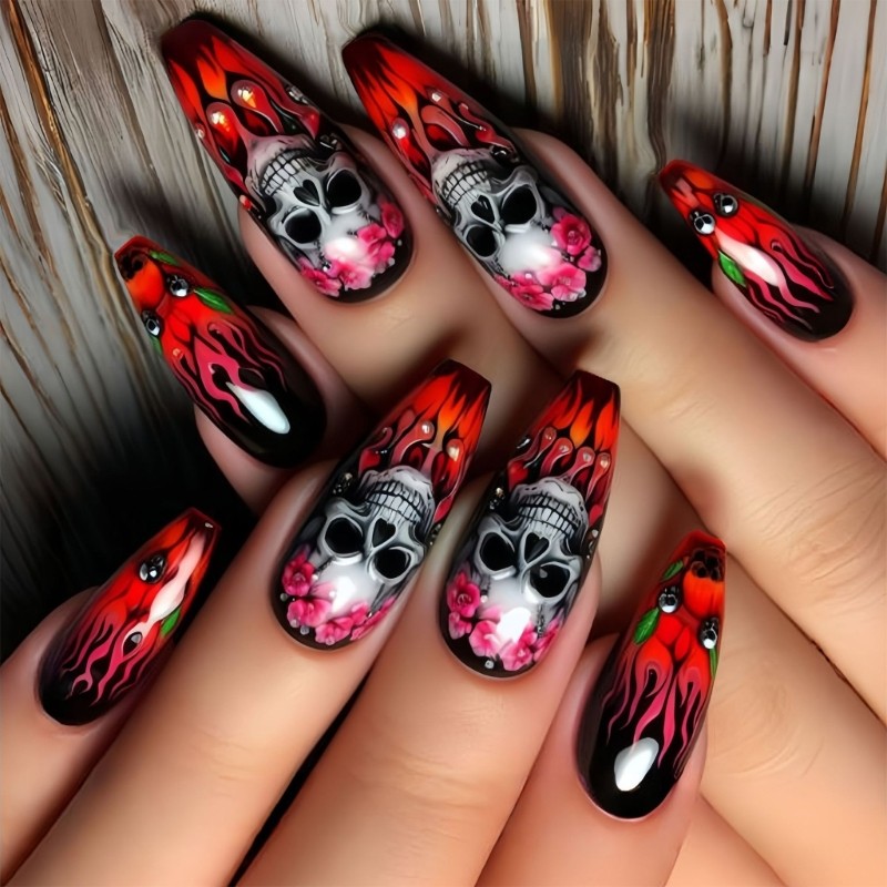 Halloween Red Skull Floral Fake Nail Festive Fake Nail Red Rose Pattern