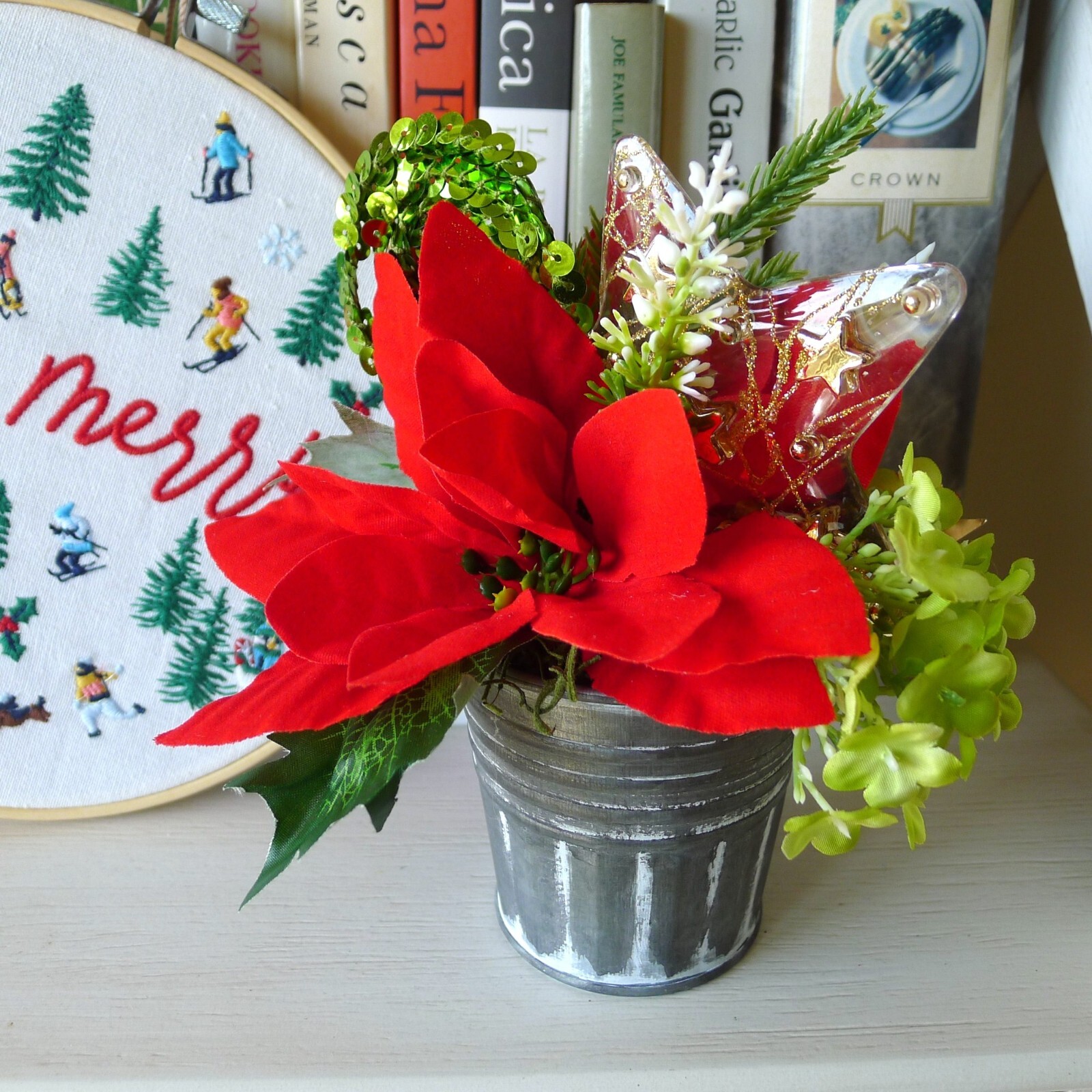 Christmas Tiered Tray Floral Seasonal Red Poinsettia Vintage Ornament 6.5″