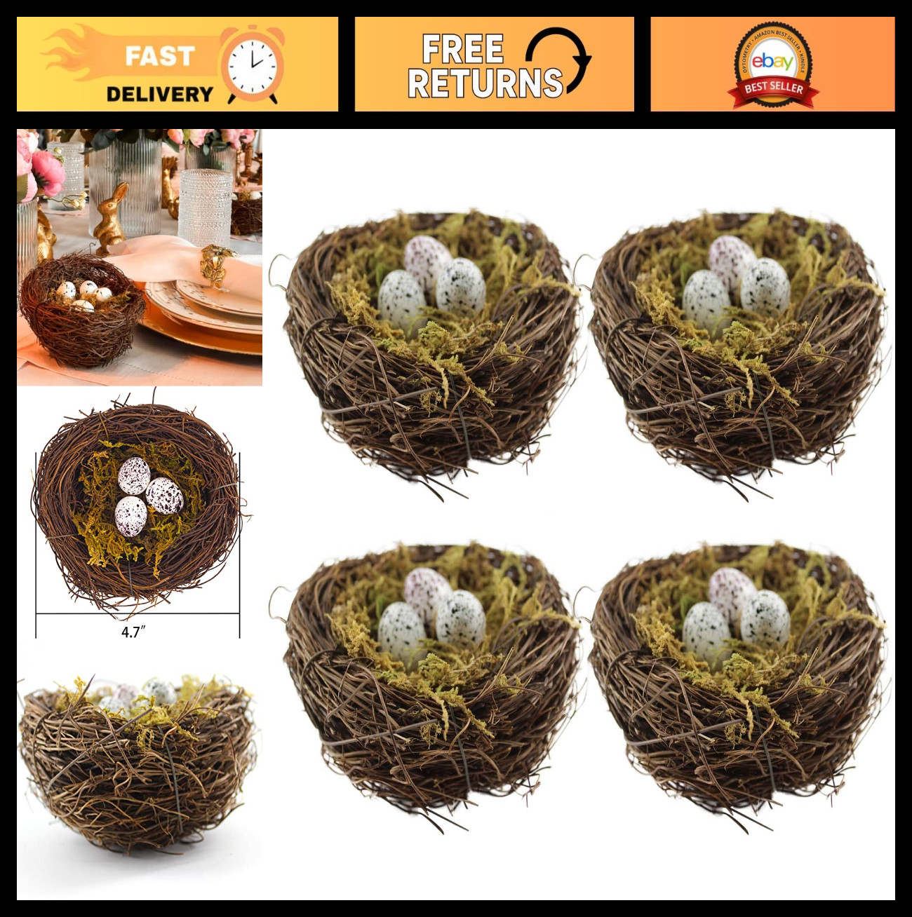 Handmade Rattan Birds Nest Set of 4 with 12 Artificial Eggs & Moss for Easter De