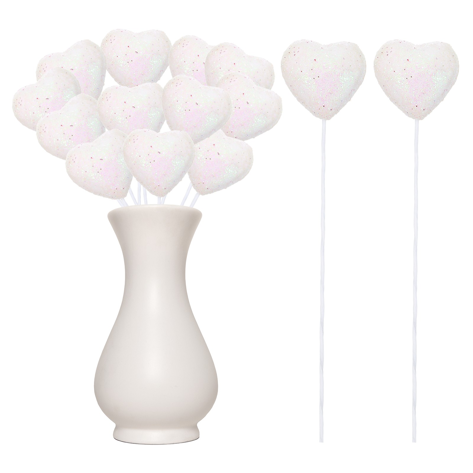 12 Pcs Glitter Heart Shaped Picks Puffy Foam Hearts Stick (White, 4cm x 22cm)