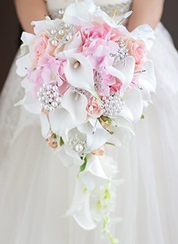 IFFO Calla Lilies 11-inch Simulation Rose Diamonds Pearl Bride Wedding Bouque…