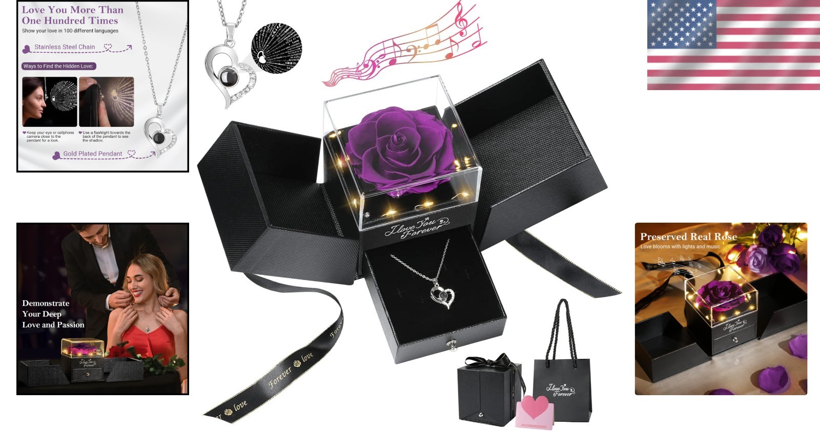 Eternal Preserved Purple Rose Gift with Heart Necklace – Romance in a Box
