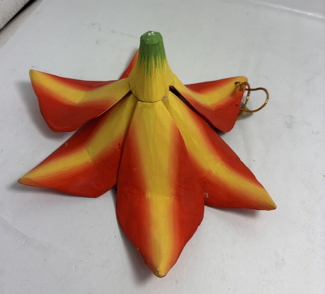 Artisian Hand Carved Painted Wood Flower Orange Faux Lily Ornament 7.5″ Tropical