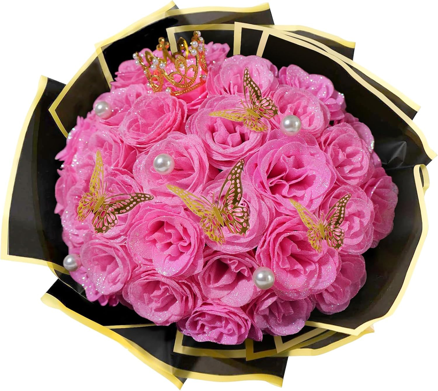 Pink Glitter Roses Bouquet, 24 Pcs Shiny Glitter Flowers Bouquet, Everlasting Ar