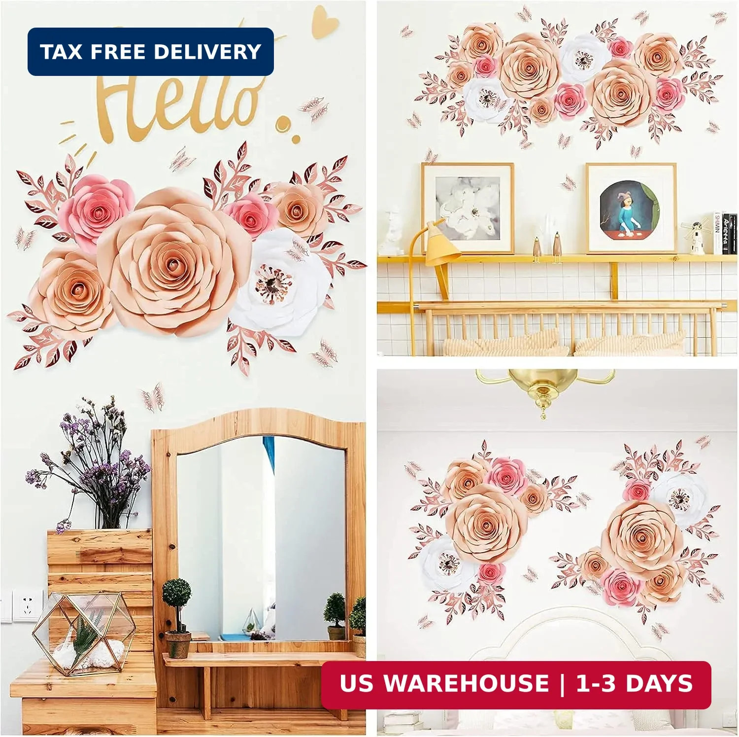 Paper Flowers Decorations for Wall, Large 3D Artificial Fake Flower Wall Decor B