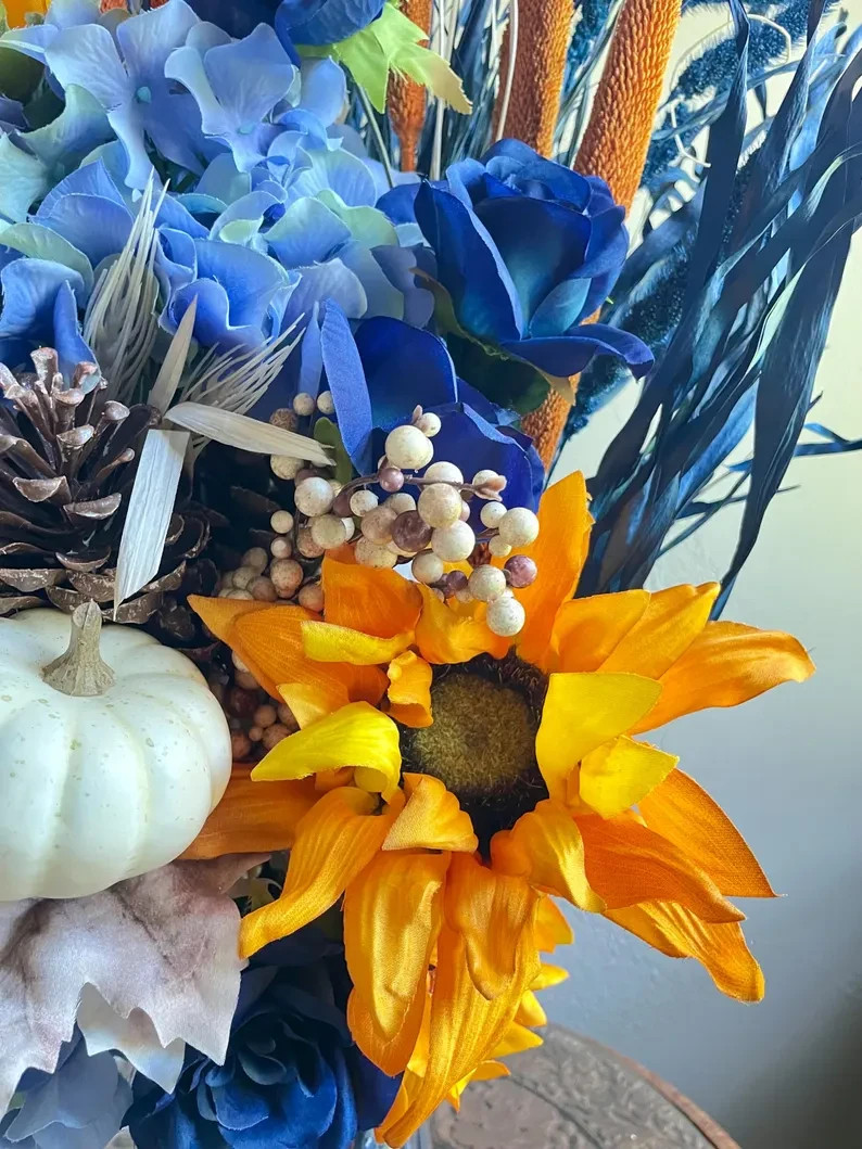 Sunflower Floral Arrangement: Blue Summer & Fall Home Decor, Table Centerpiece