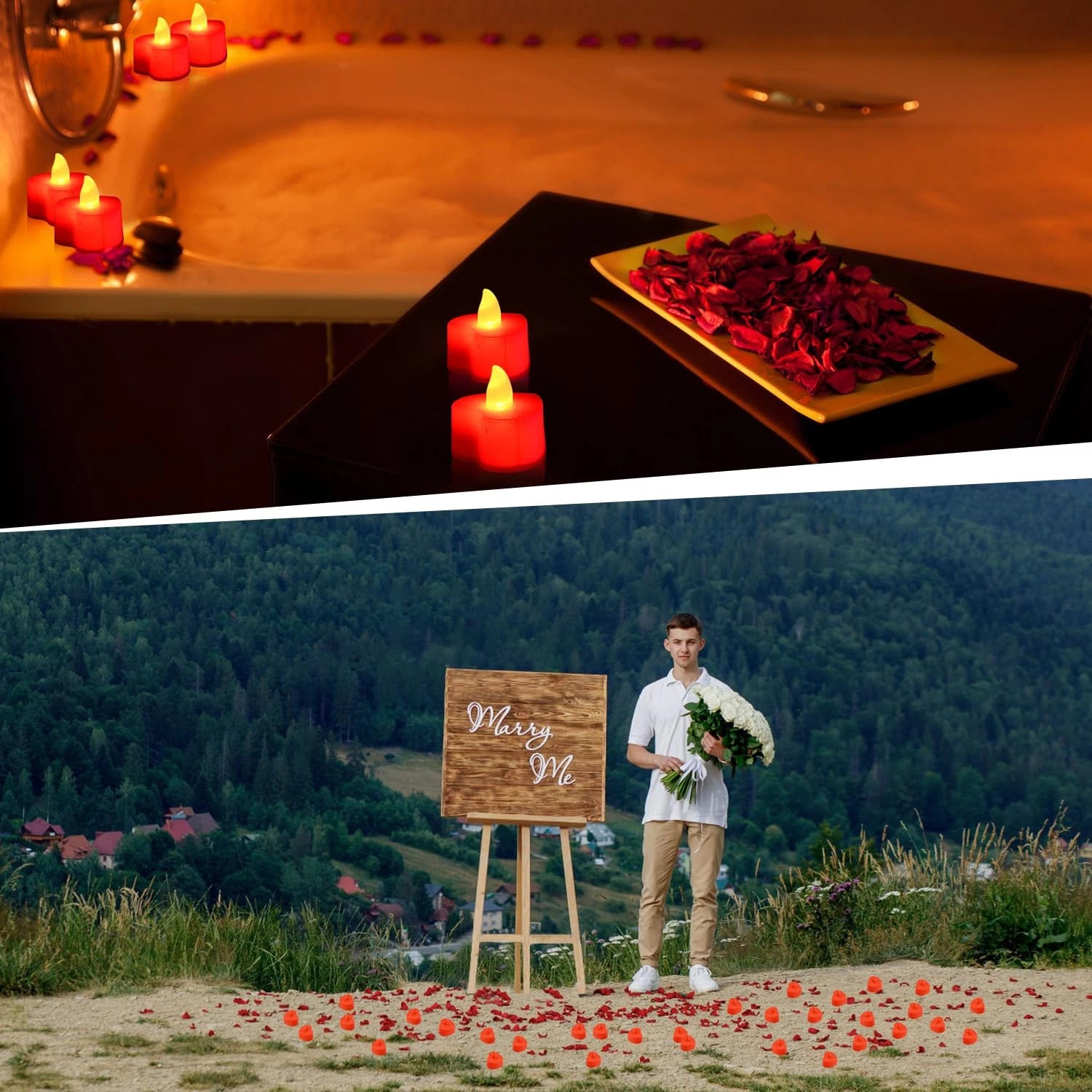 Red Artificial Rose Petals with 24Pcs Red LED Tea Lights Kit, for Home Decor