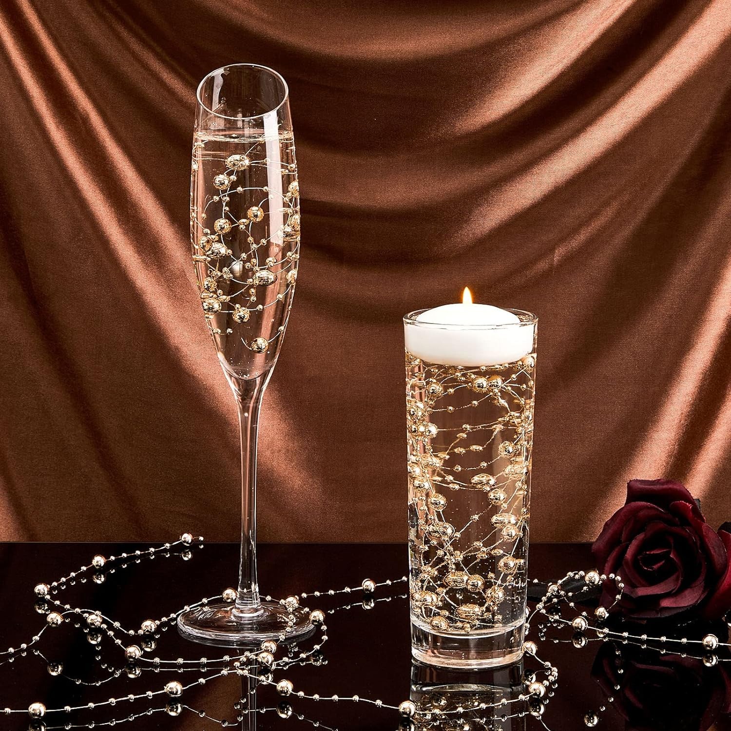Artificial pearl bead garland floating candle vase decor