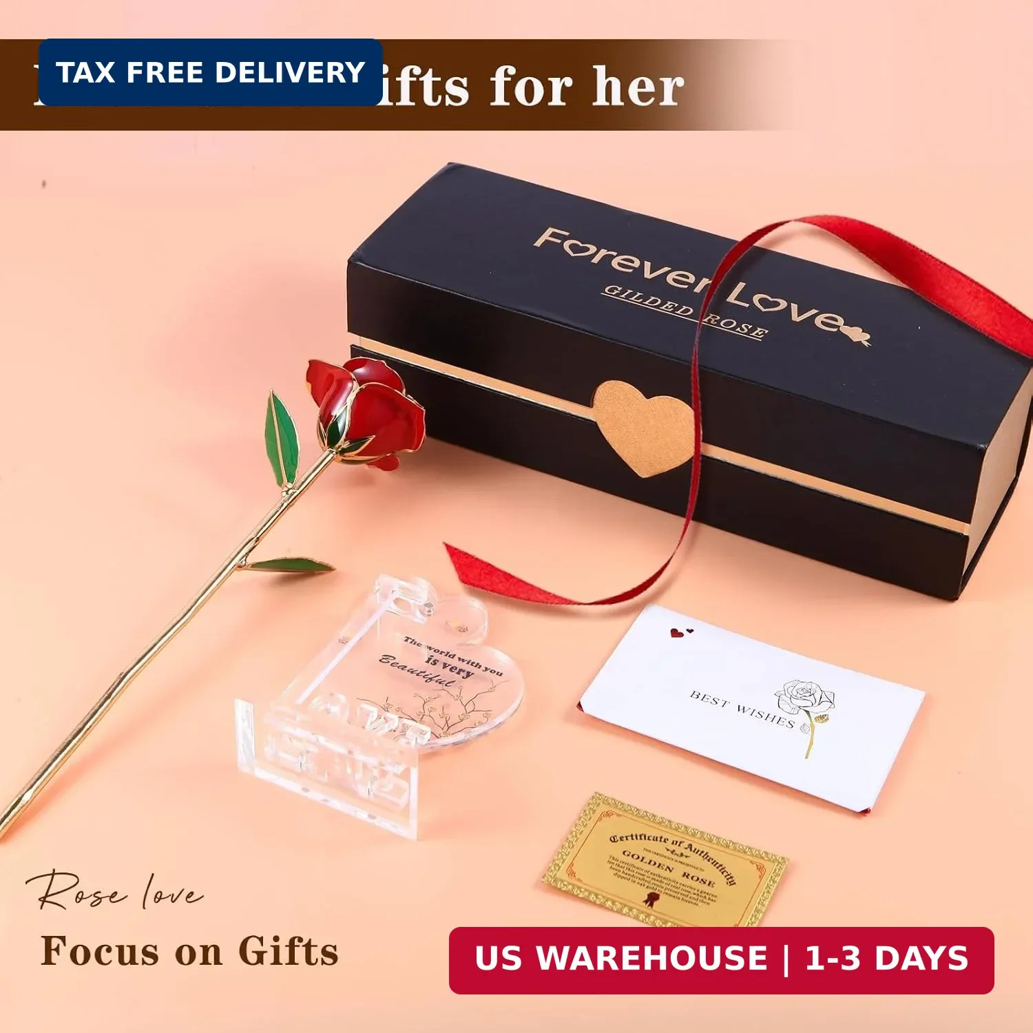 24K Plated Gold Dipped Real Rose with Stand – Forever Gift for Her