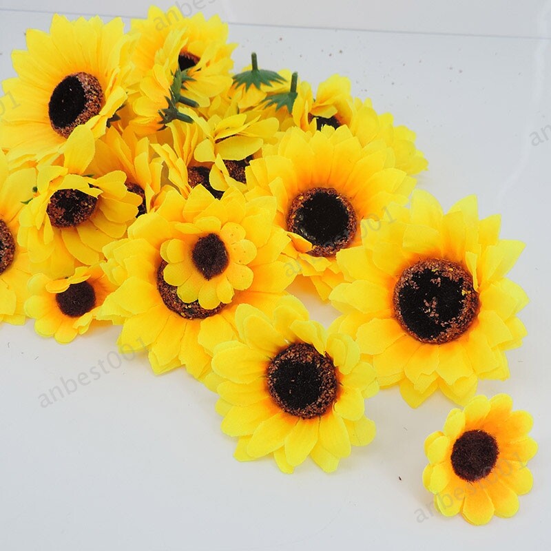 50pcs Mini Artificial Flower Silk Sunflower Head Gift Box Yellow Daisy Head