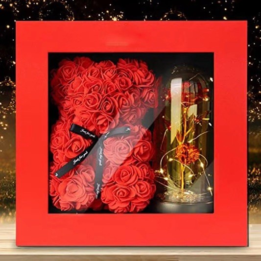 10 Inch Rose Teddy Bear Artificial Flower Gift Box for Valentine’s Day