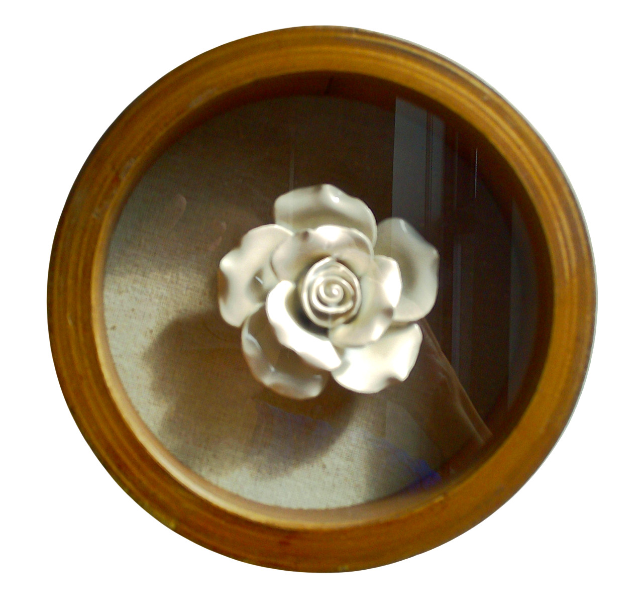 Set of 2 Ceramic White Rose Art Wall Decor In Round Wood Shadow Box Frame