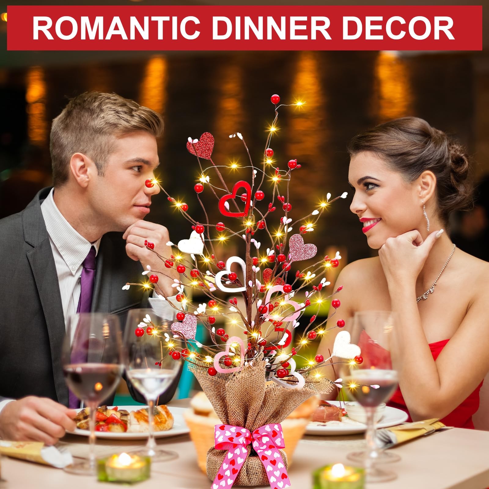 2 PCS Prelit Lighted Valentines Day Tree 21 Inch Tabletop Heart Ornament