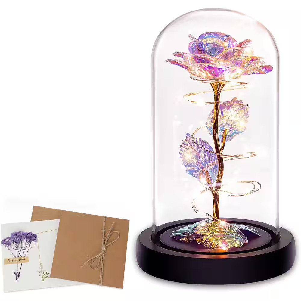 6.1 In. H Colorful Artificial Rose in Glass Dome with LED Lighting for Women