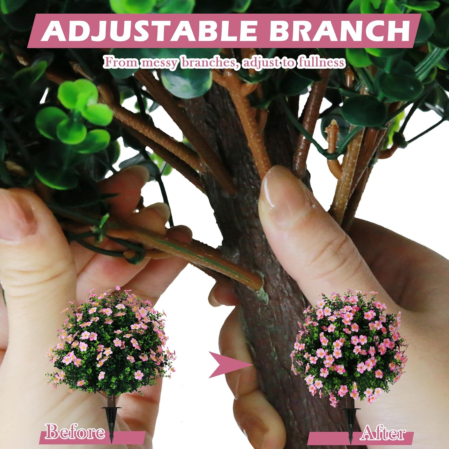 Set of 2 UV Resistant Pink Flower Boxwood Topiary Balls for Indoor & Outdoor Dec