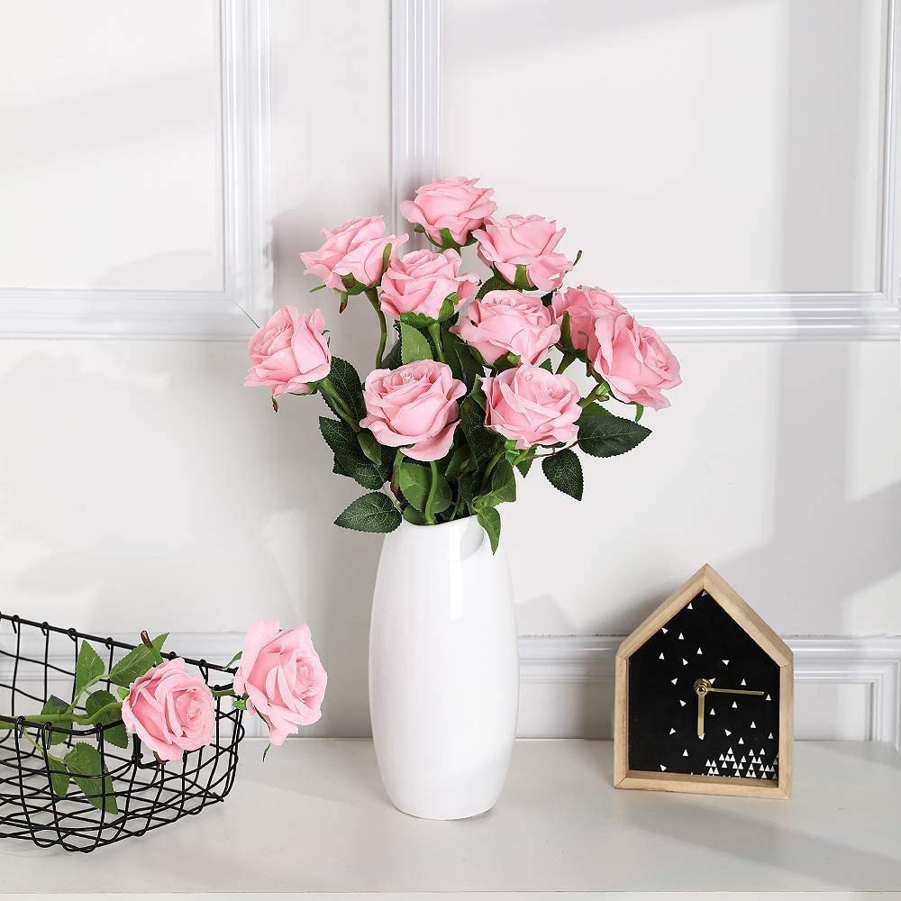 12 PCS Artificial Flowers Pink Roses Fake Silk Flowers Long Stem Artificial R…