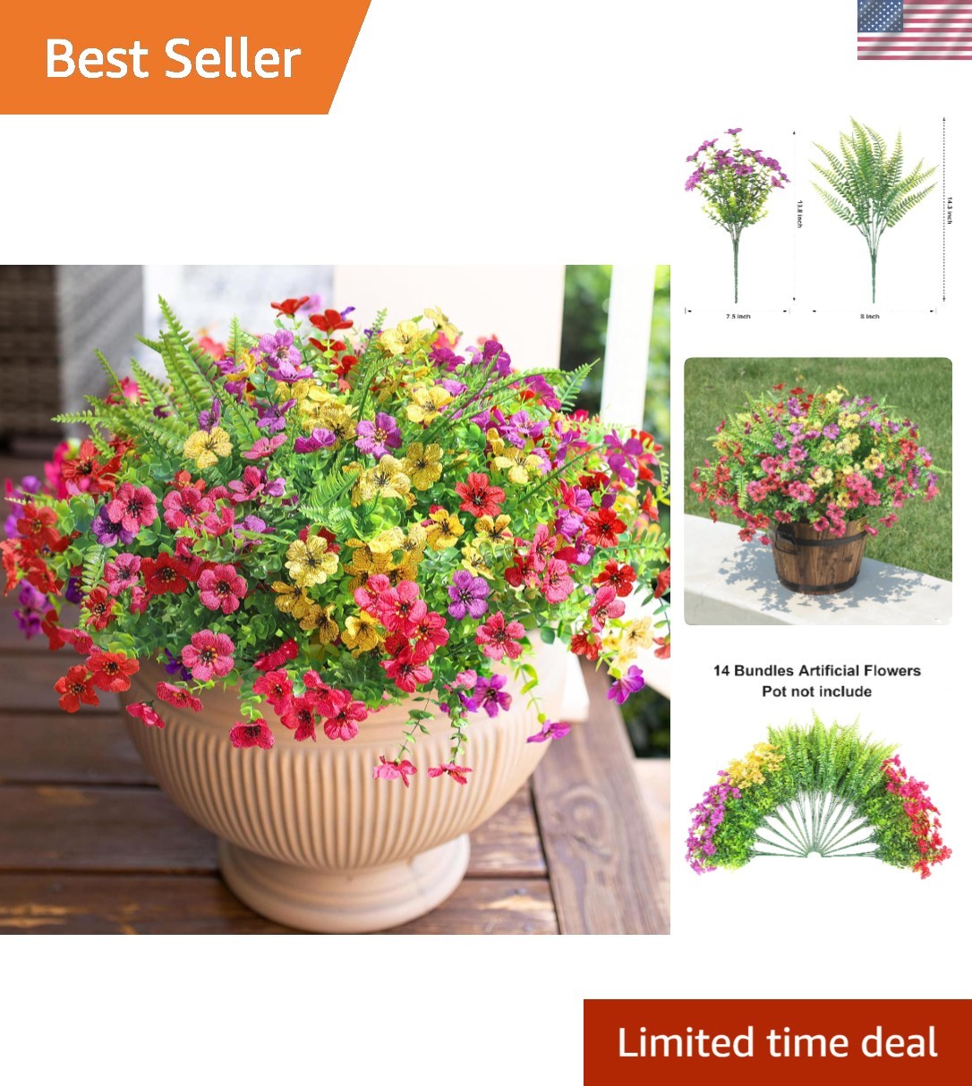 Realistic Mixed Flower & Fern Outdoor Plants – 14 Bundles for Porch & Garden