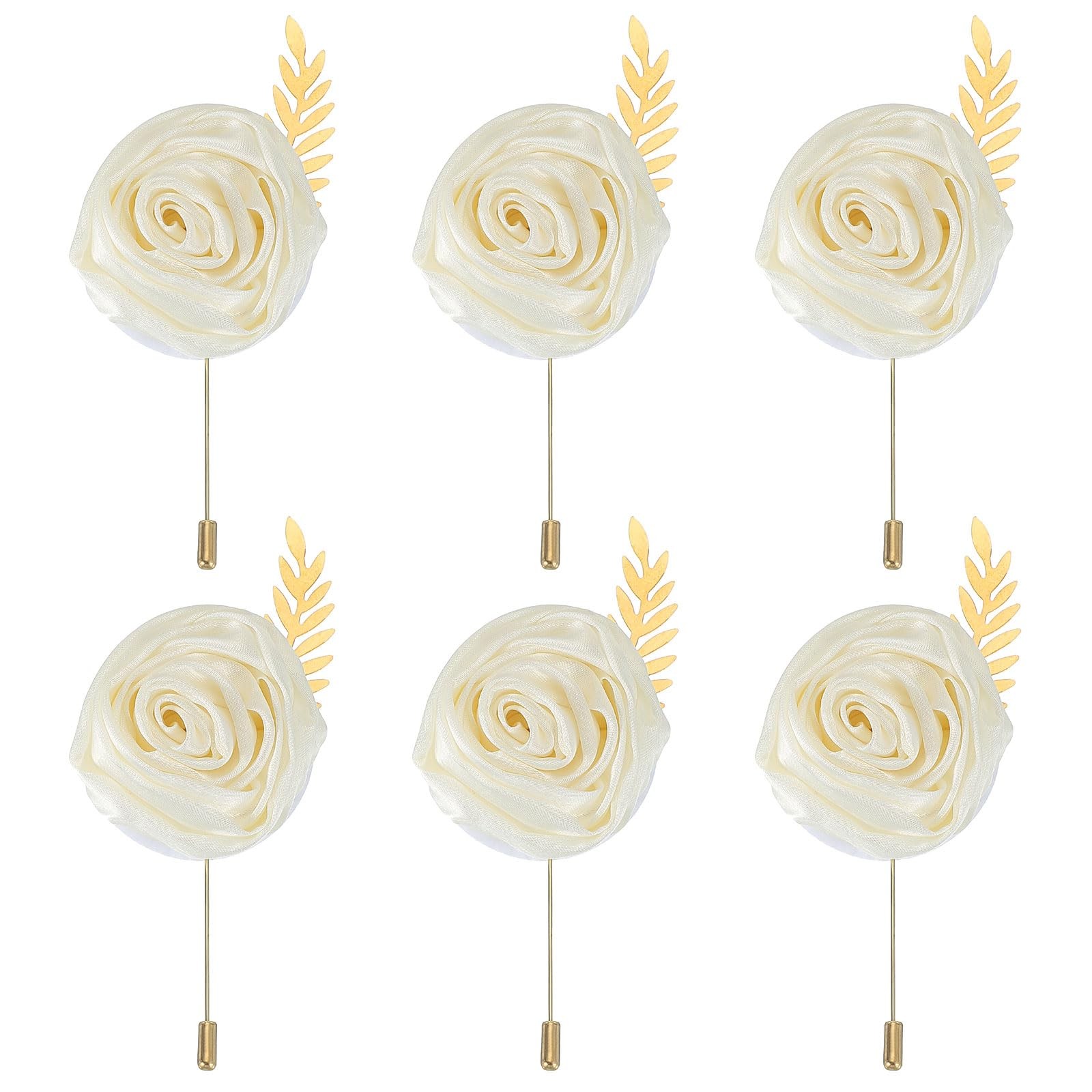 6 PCS Groom Boutonnieres Rose Pins Men Wedding Cream 4.7×2 Inch Decor