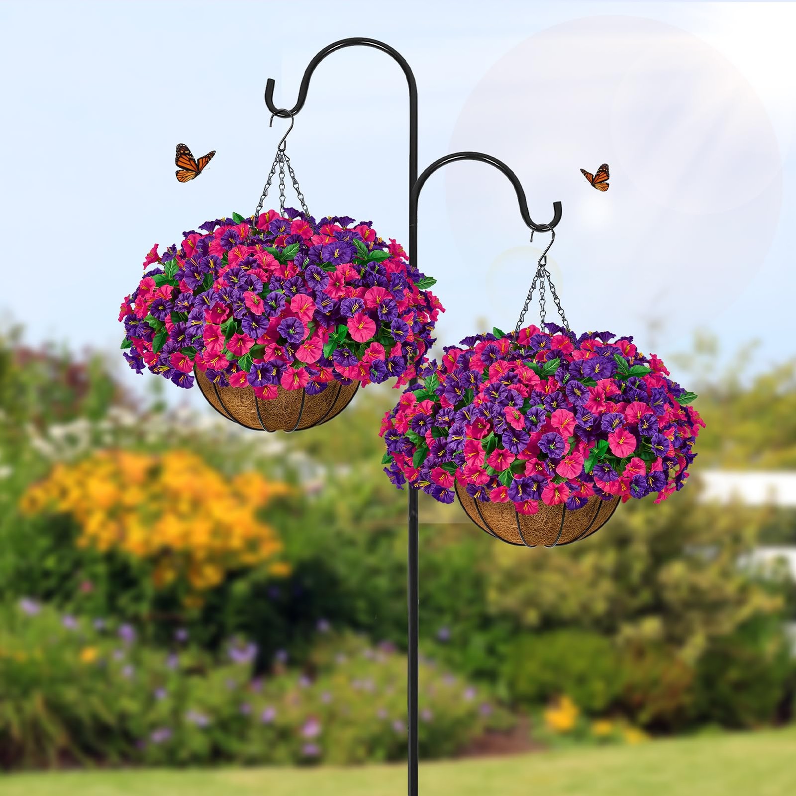 Set of 2 Artificial Hanging Flower Baskets for Outdoor Decor, 16 Bundles Faux…