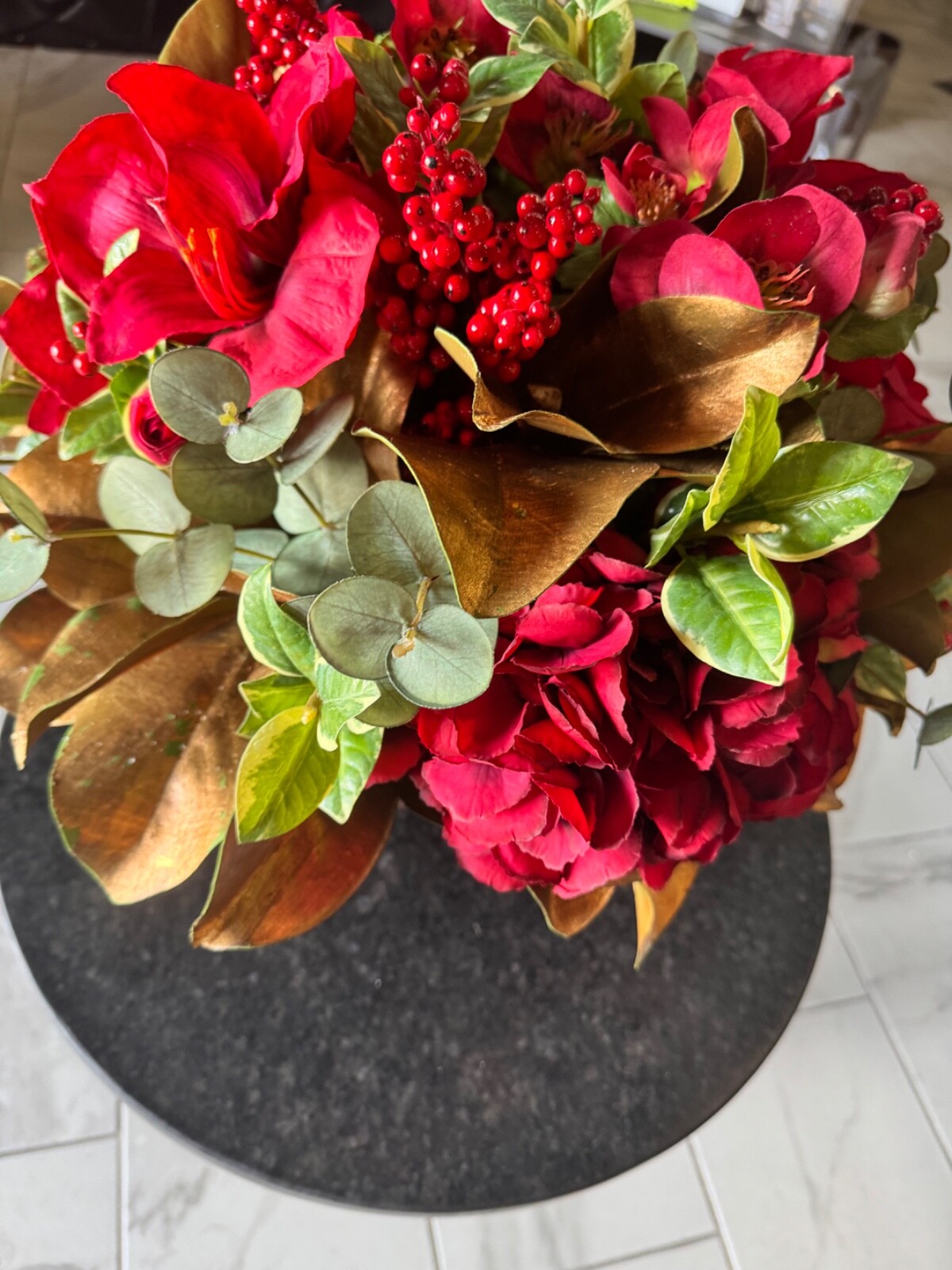 Faux Amaryllis Camellia Floral Arrangement in Planter-Winward Home