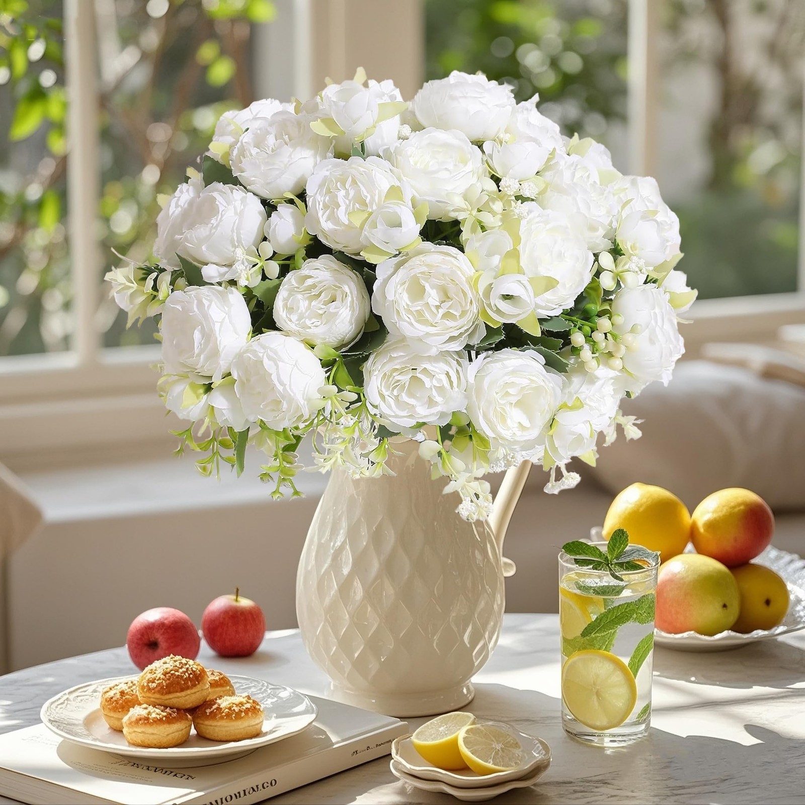12 Bundles Peonies Artificial White Flowers Bouquet, Lifelike Silk Fake Peoni…