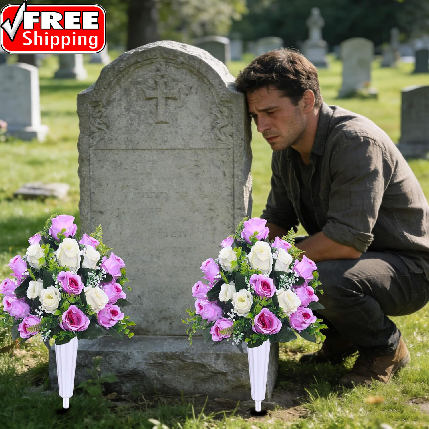 Artificial Cemetery Flowers,Set of 2 Grave Decorations Roses, Tombstone Memorial