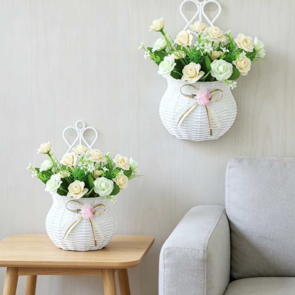 Wall Mounted Artificial Flower Basket with Hook for Home Garden Restaurant