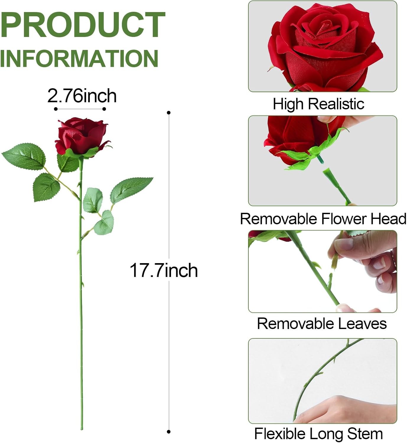 12 Pcs Red Roses Artificial Flowers, Real Touch Fake Velvet Flowers with Stems