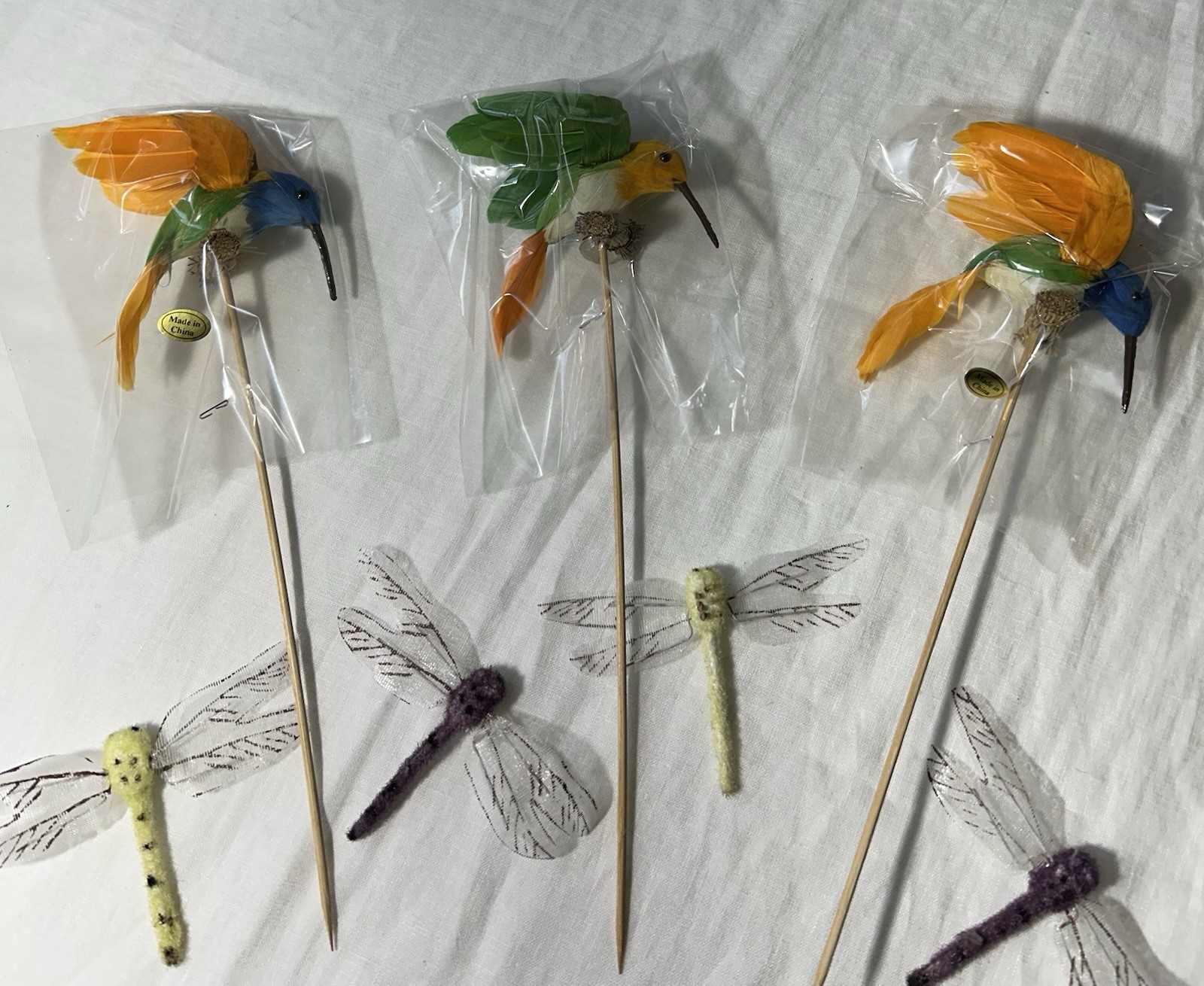 Artificial Hummingbird Picks Set Of 3 w/ 4 Artificial Dragonflies