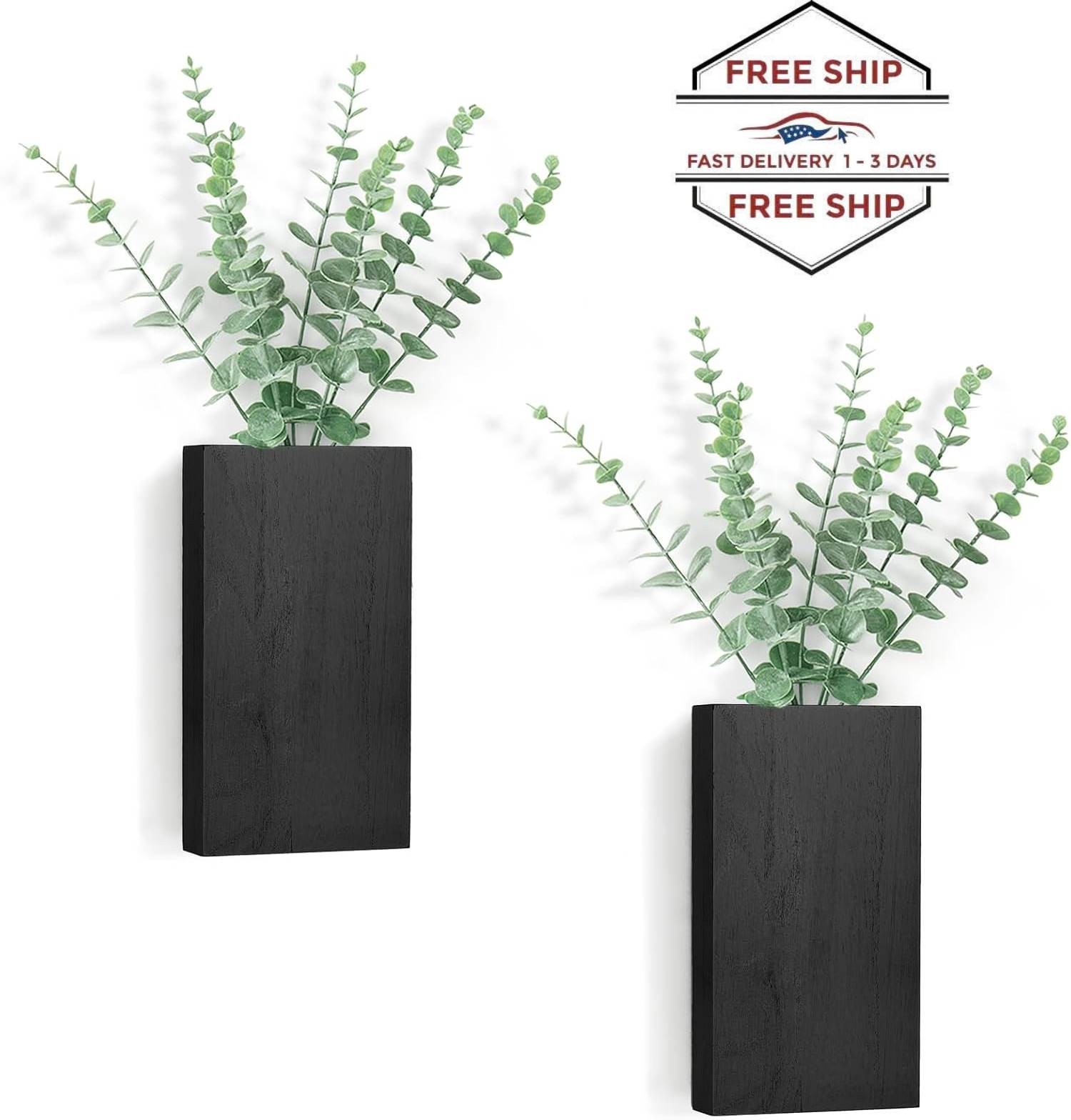 Paquete de 2 macetas de pared de madera con eucalipto artificial, decoración
