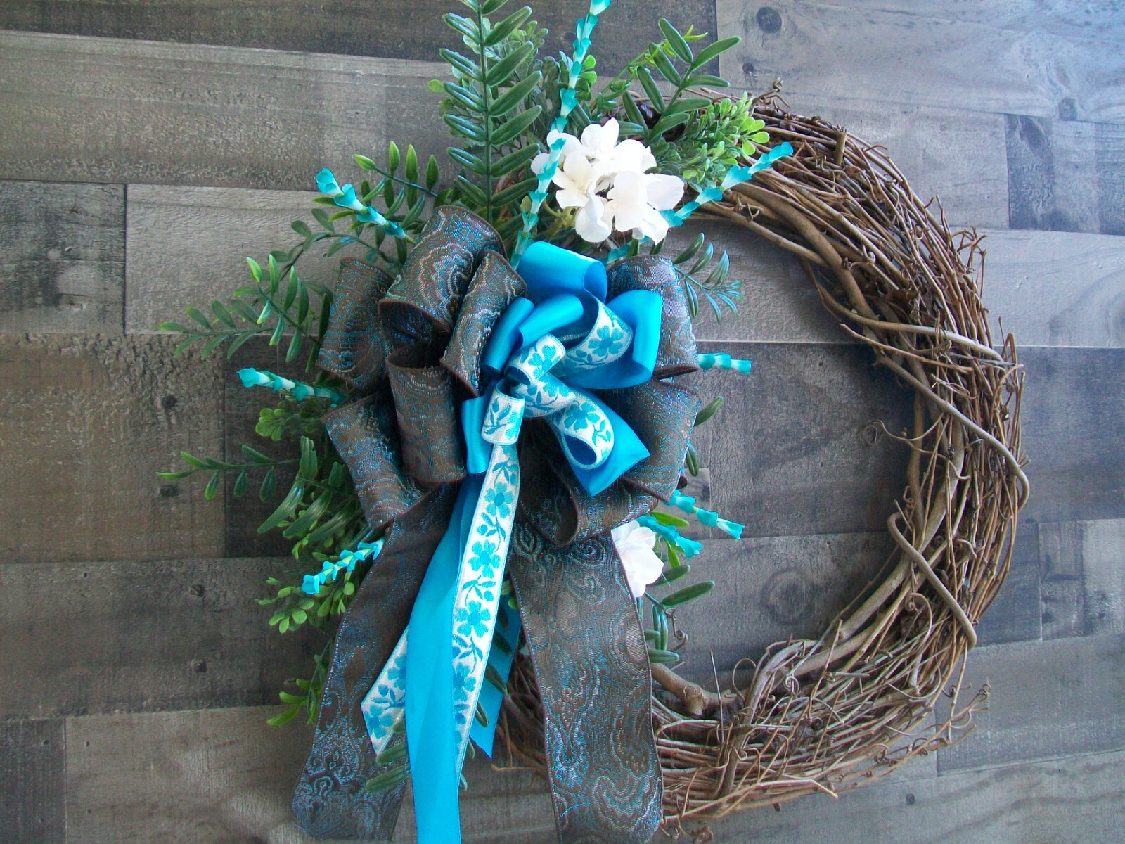 Turquoise Brown Grapevine Front Door All Occasion Wreath