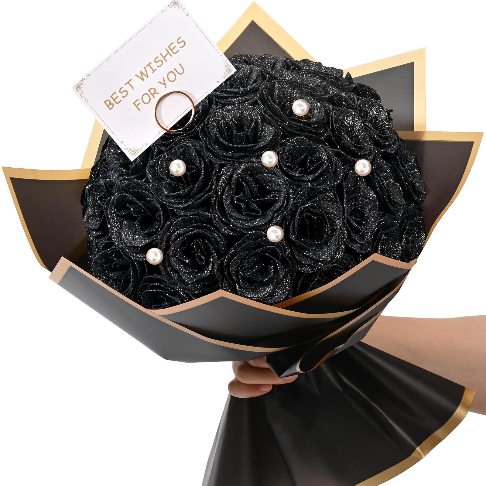 36 PCS Black Glitter Roses Bouquet DIY Artificial Fake Flowers Valentine Gift