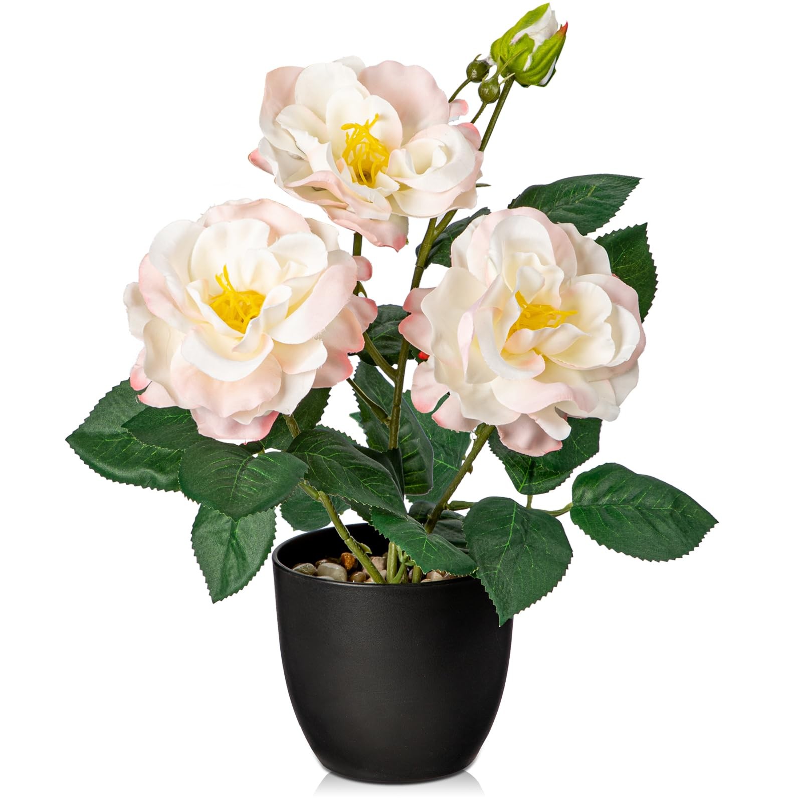 Artificial Pink Roses Potted Plant Silk Faux Flower Black Pot 11 Inch Decor