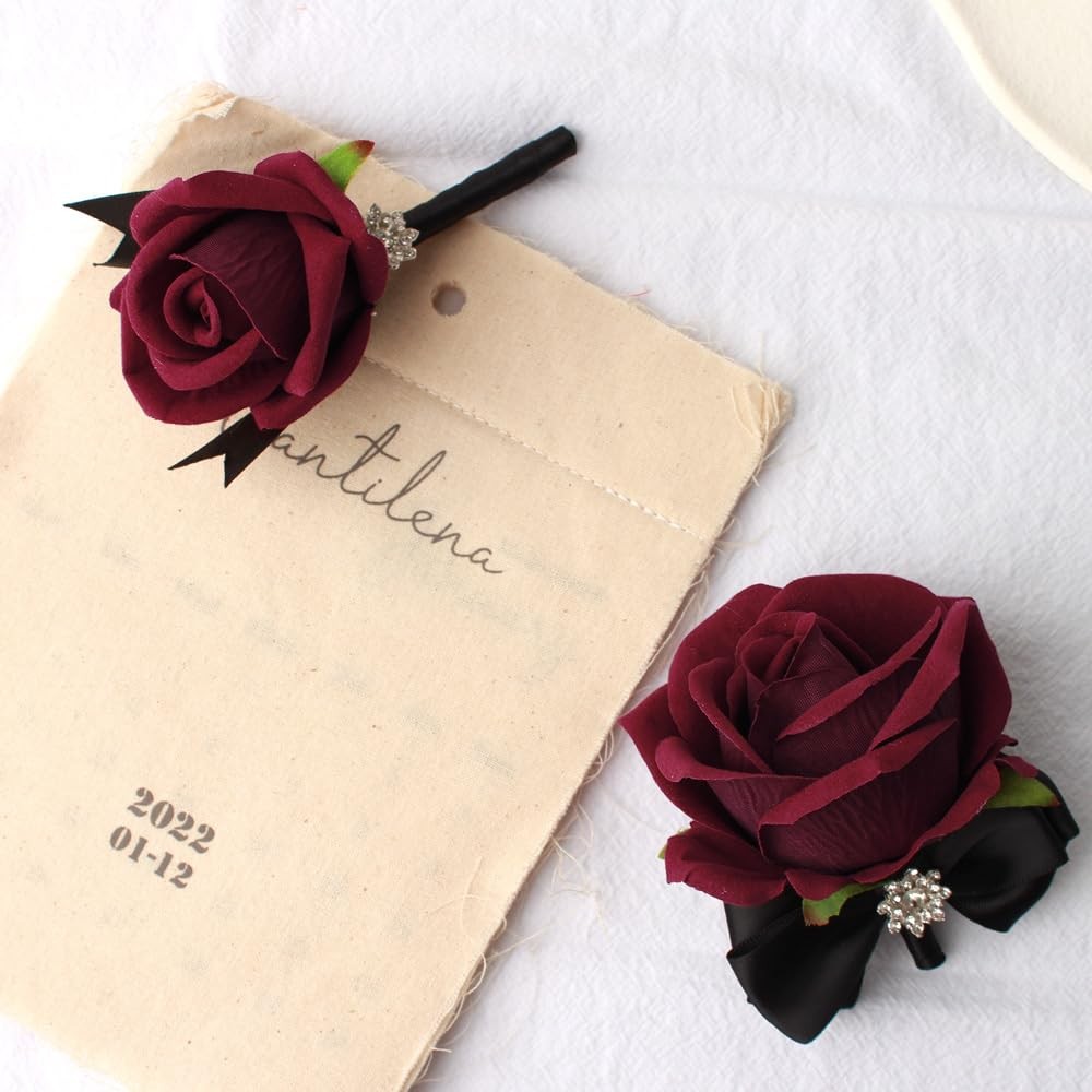 Wrist Corsage Rose Boutonniere Set Bride Groom Prom Party Decor Black Wine Red