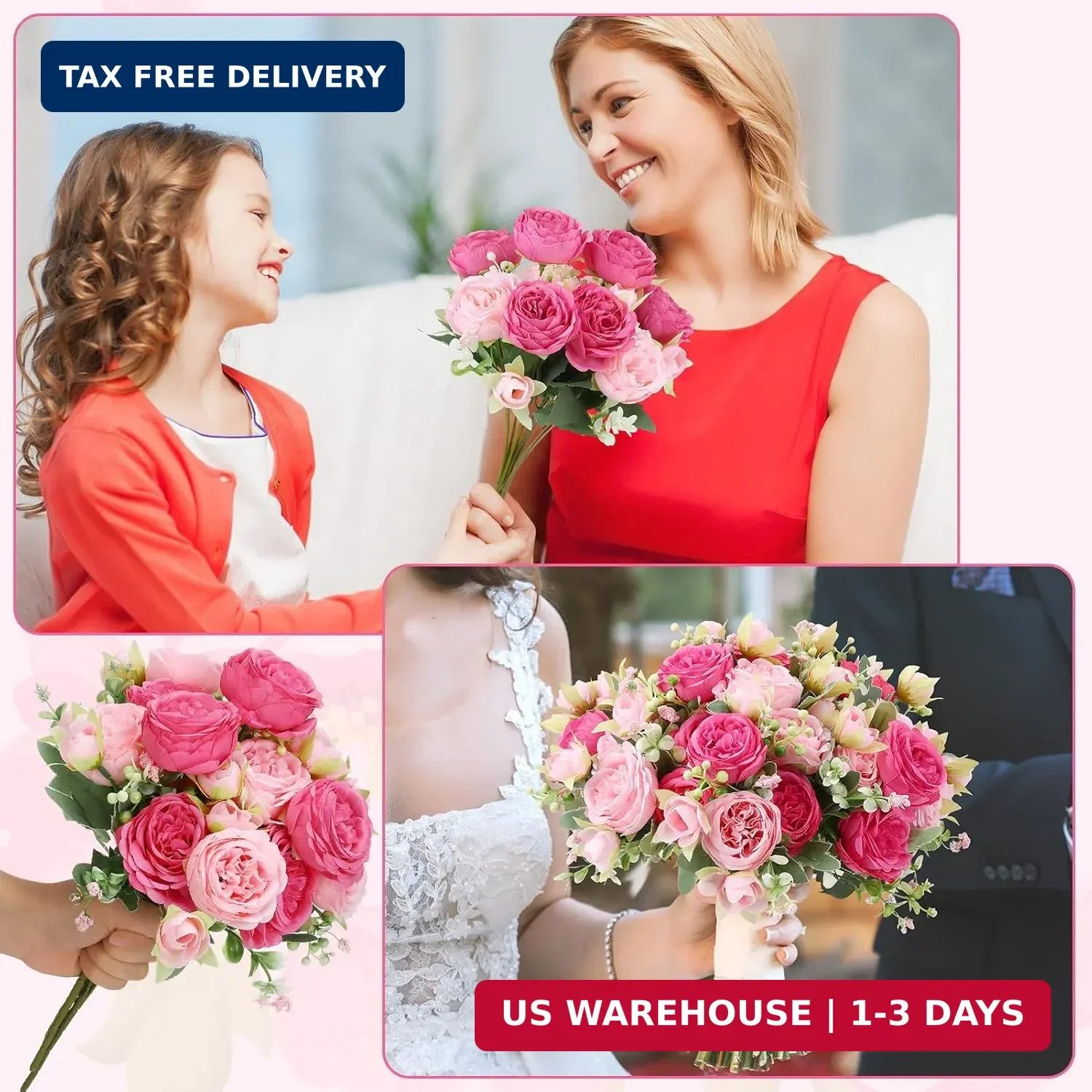 16 Pack Pink,Hot Pink Peonies Artificial Flowers,Fake Silk Hydrangea Bouquet for